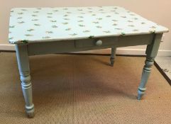 A grey veined white marble top kitchen table on painted Victorian style base with carved baluster