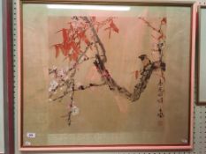 CHINESE SCHOOL "Bird amongst blossoming foliage" colour print with script within a fabric border 67