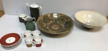 A Rudie Delange raku pottery bowl 30 cm diameter together with a Royal Copenhagen crackleware green