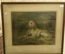ROBERT ALEXANDER "Seated hound", oil on board, signed with initials lower left,