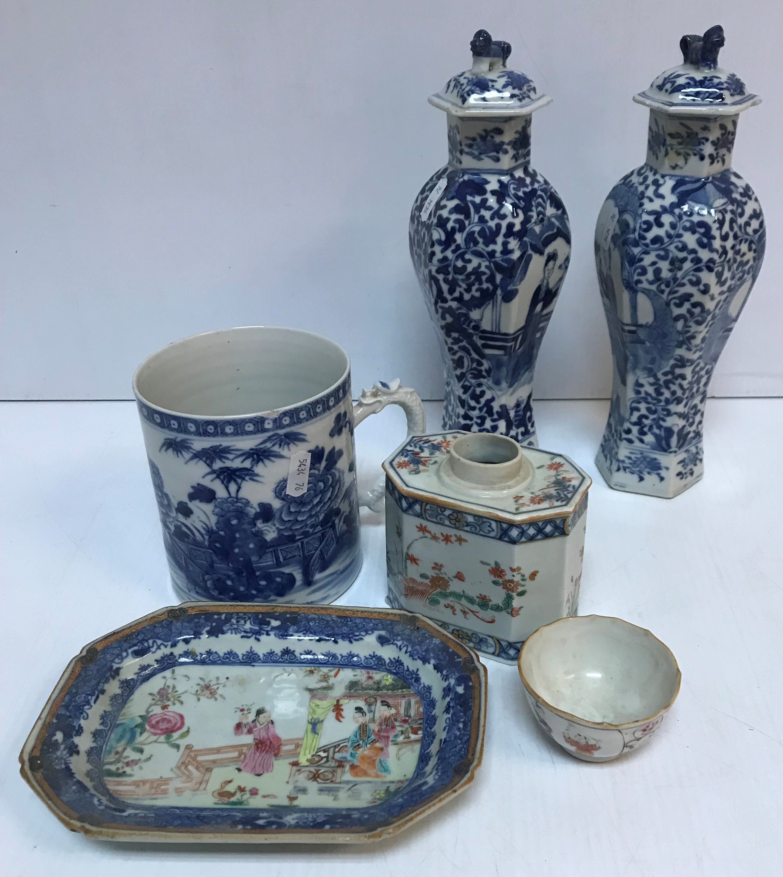 A similar pair of 19th Century Chinese blue and white hexagonal baluster...