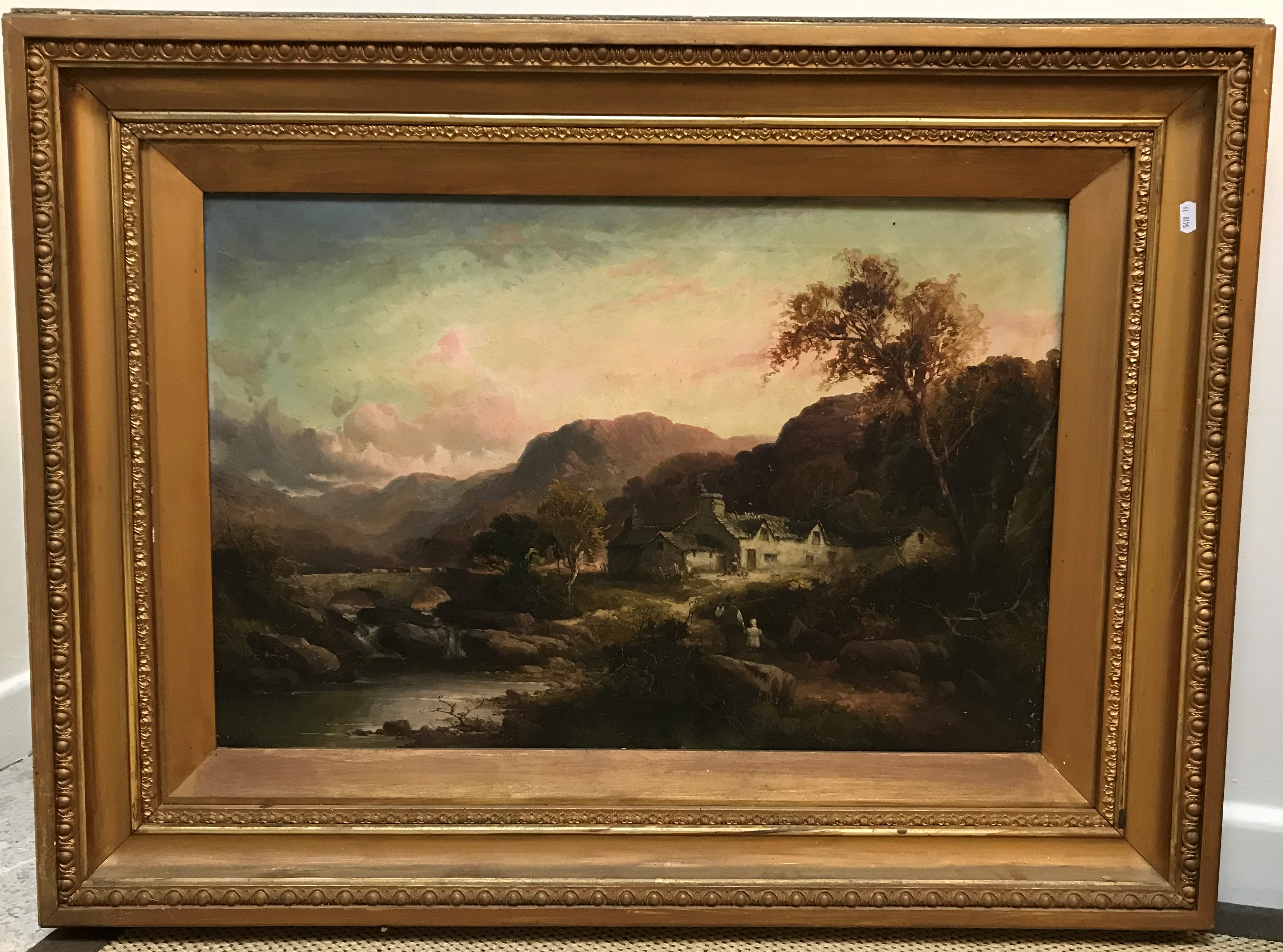 THOMAS SEYMOUR "Mountainous landscape with figures by stone cottage in foreground", oil on canvas,