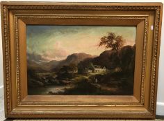 THOMAS SEYMOUR "Mountainous landscape with figures by stone cottage in foreground", oil on canvas,