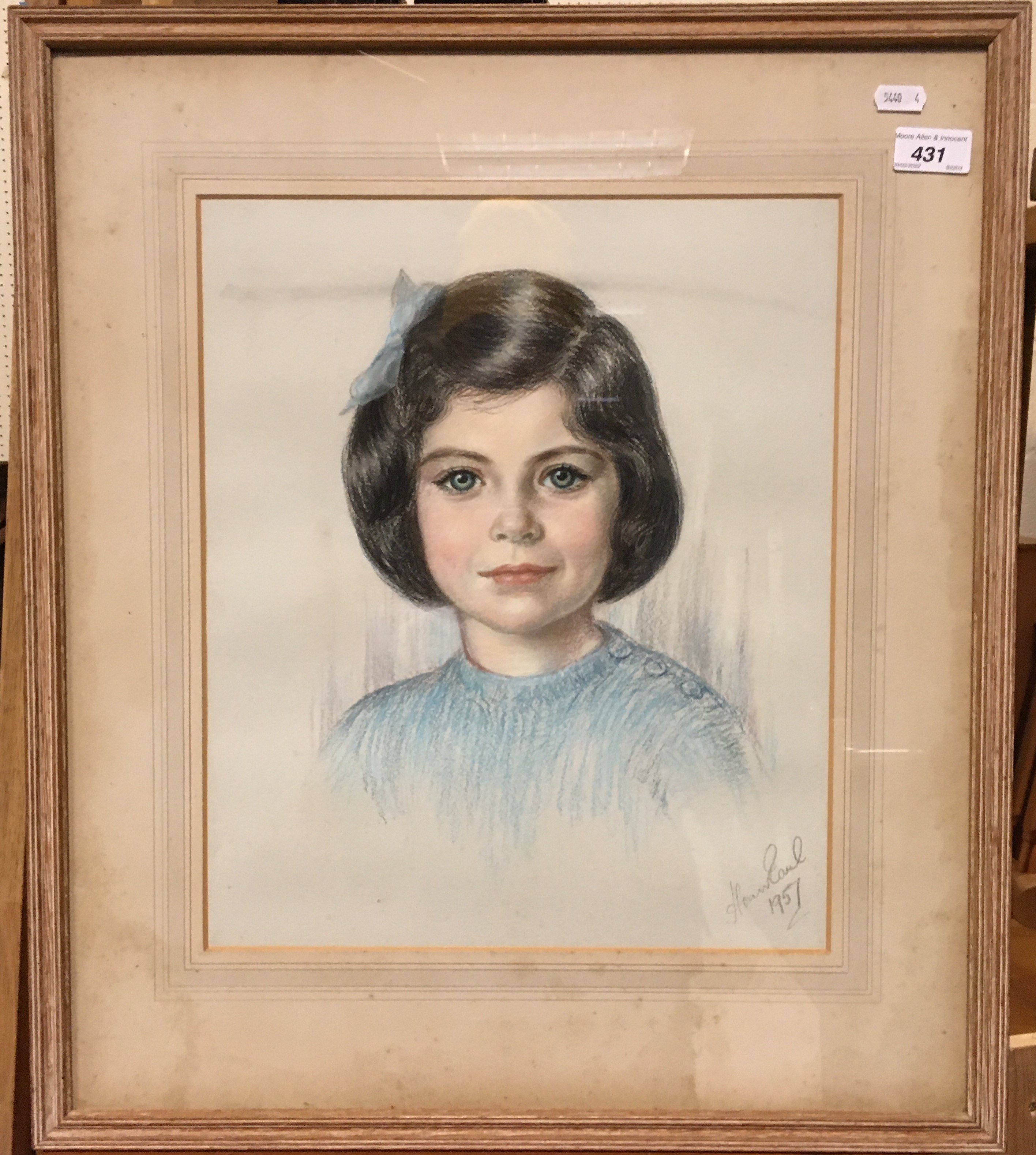 WITHDRAWN H EARL "Young girl in blue top a bow in her hair" portrait study, pastel,