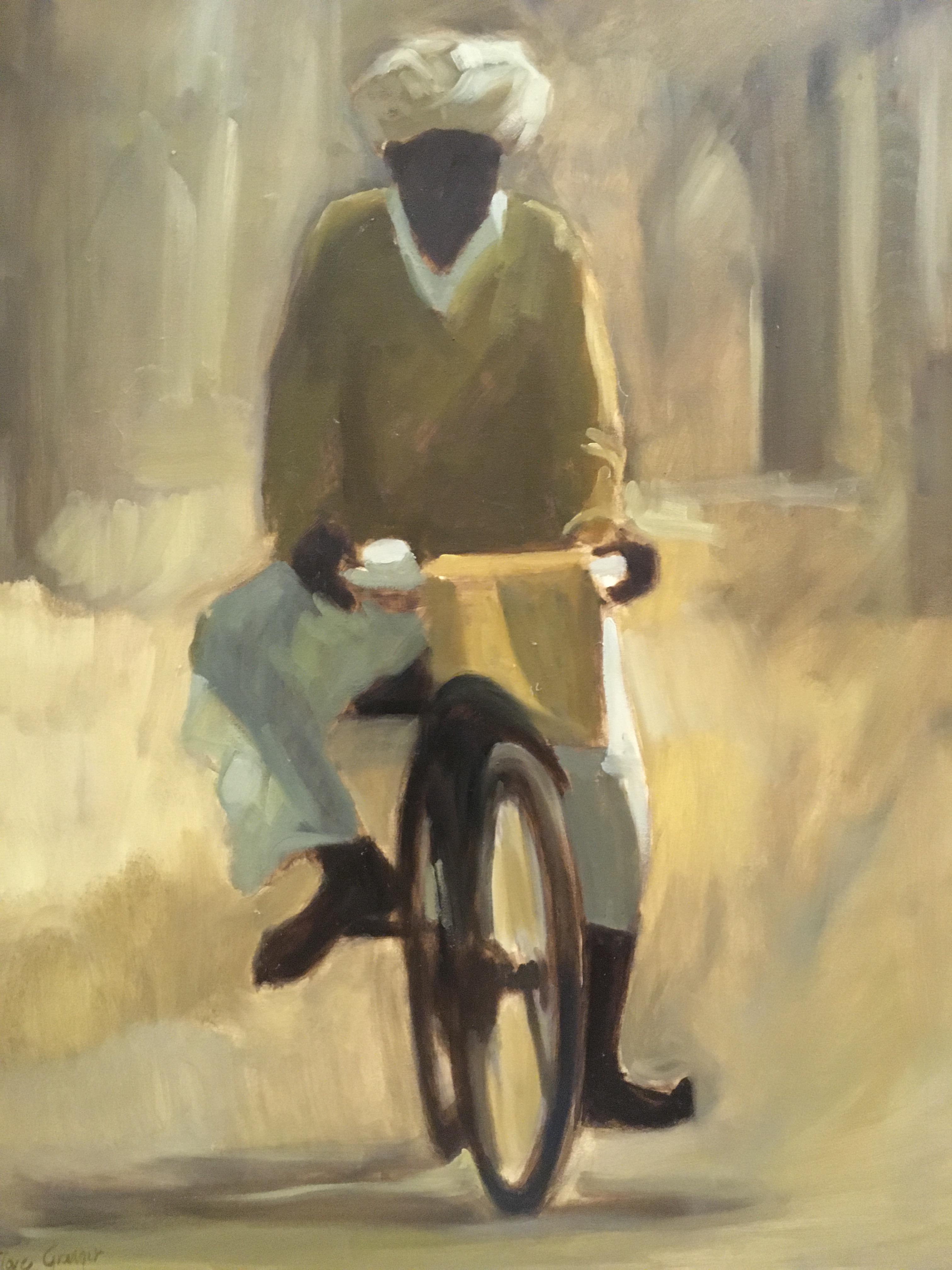 CLARE GRANGER "Man on a bike (India)" oil on canvas 70 cm x 60 cm, signed lower left, - Image 2 of 2