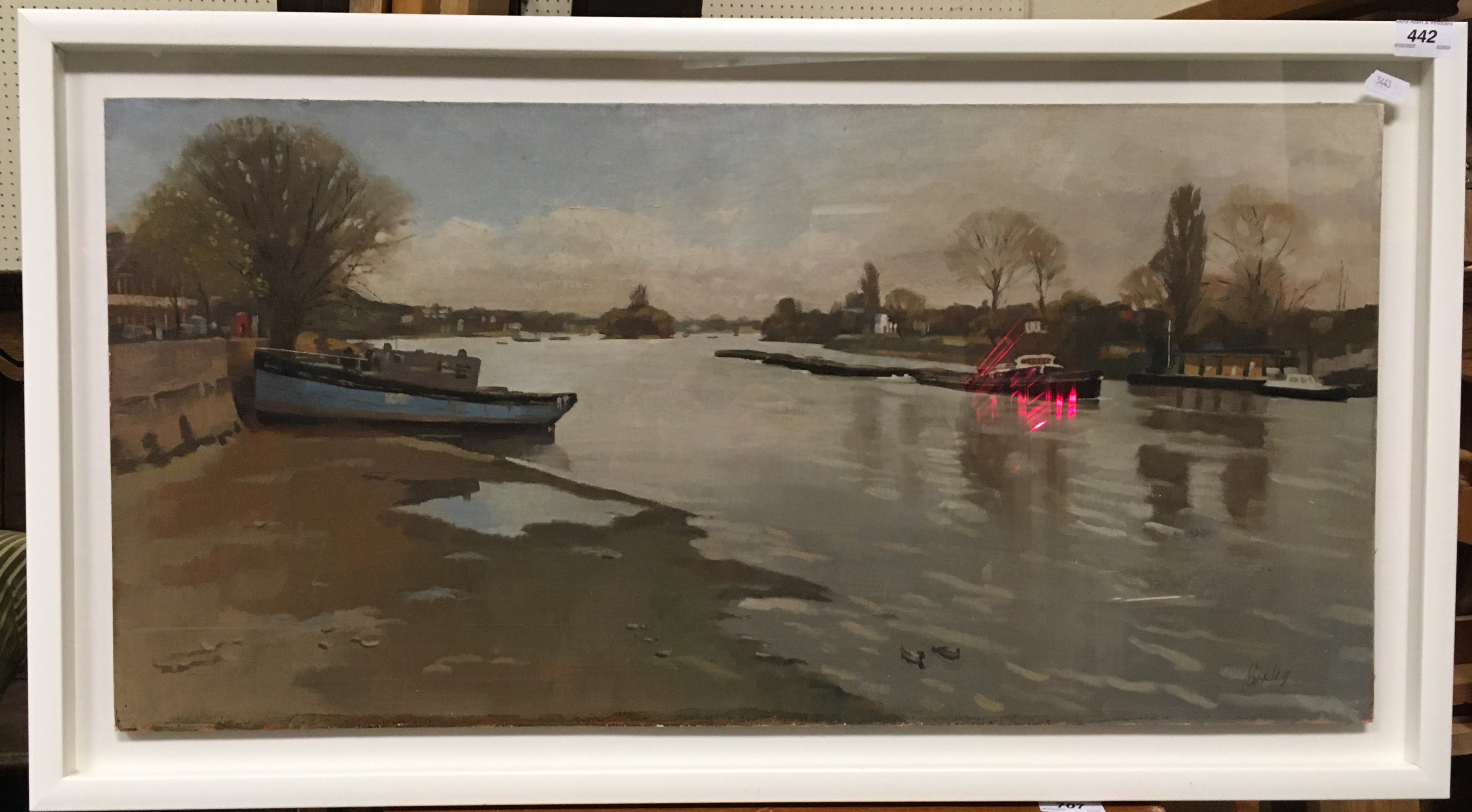 MAURICE BRALEY "River landscape with boats (possibly River Orwell?), oil on board,