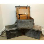 Three WWII Howitzer sight boxes in painted pine with rope side handles,