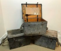 Three WWII Howitzer sight boxes in painted pine with rope side handles,