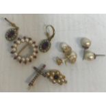 A pair of pearl, gold and diamond mounted ear studs,