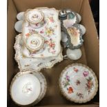 A box of various Dresden floral decorated china with gilt banding including two shaped square fan