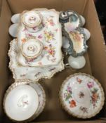 A box of various Dresden floral decorated china with gilt banding including two shaped square fan