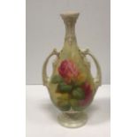 A Royal Worcester "Hooley" ware rose painted two handled vase on circular foot in the manner of