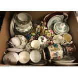 Two boxes of assorted china and glass ware to include a floral and gilt decorated blue banded tea
