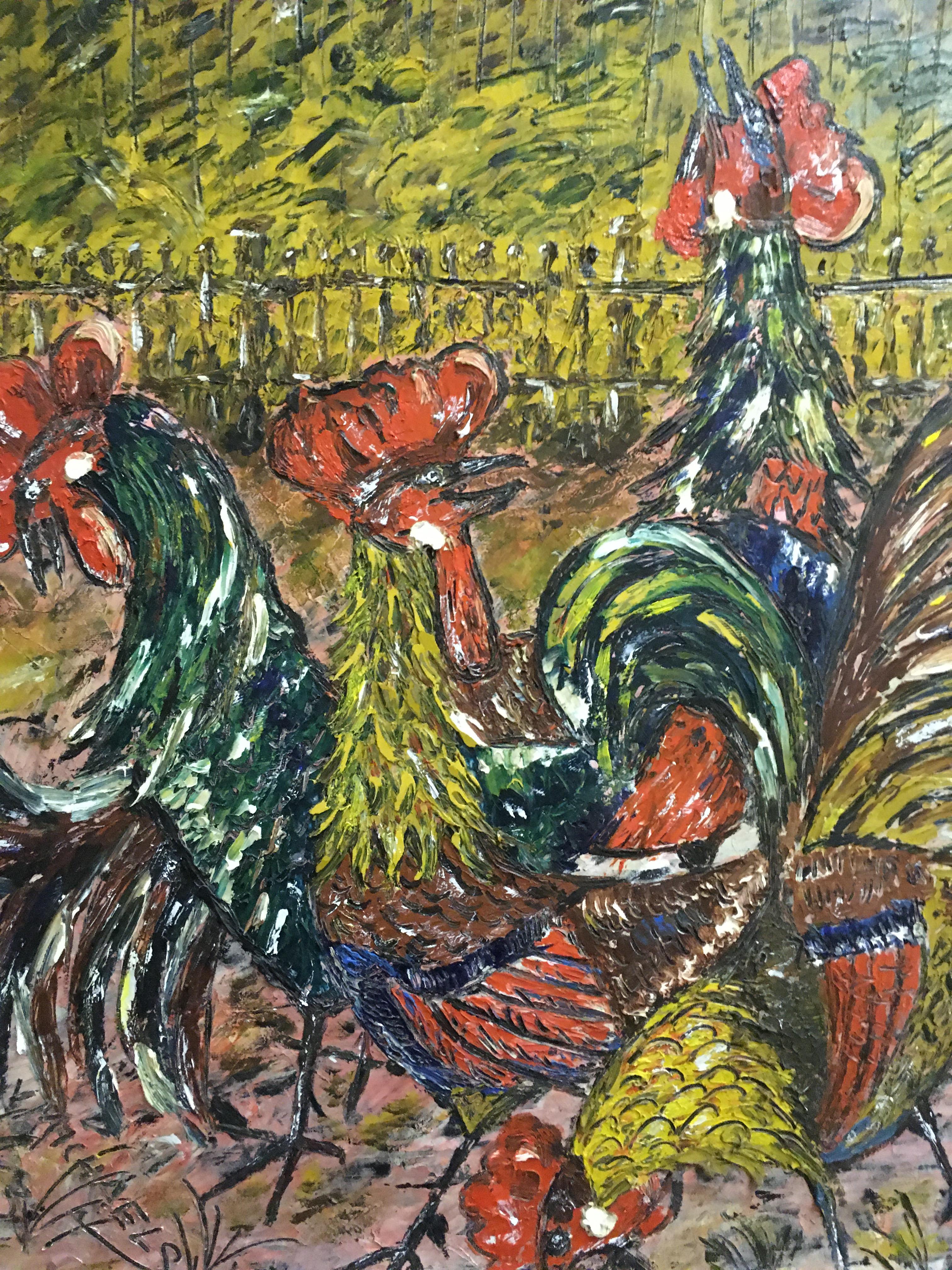 V MICHAELS "Chickens with fence", oil on board, signed and dated '63 lower left, - Image 2 of 2