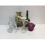 A collection of glassware to include a green Bohemian glass vase converted to a table lamp set with