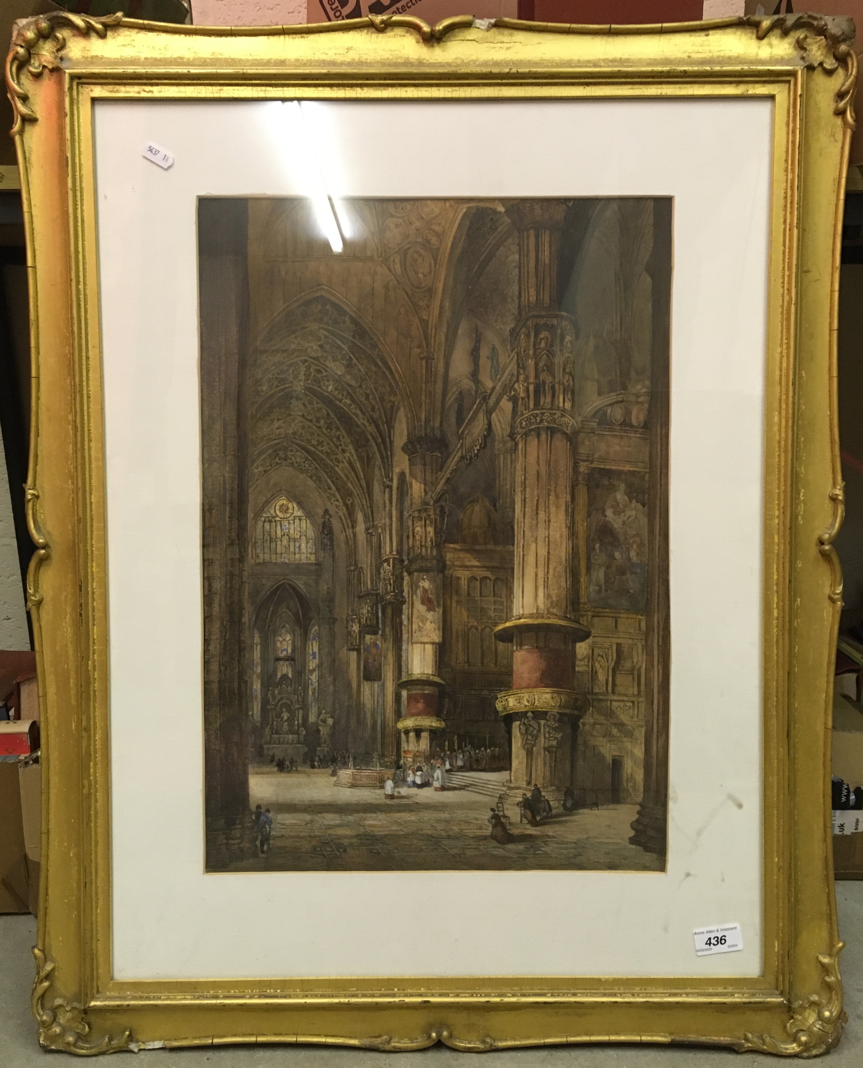 LADY WORSLEY "Interior of Milan Cathedral with figures" a study, watercolour, unsigned,