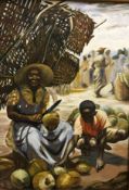 20TH CENTURY GUYANAN SCHOOL “Coconut sellers”, oil on canvas, unsigned,