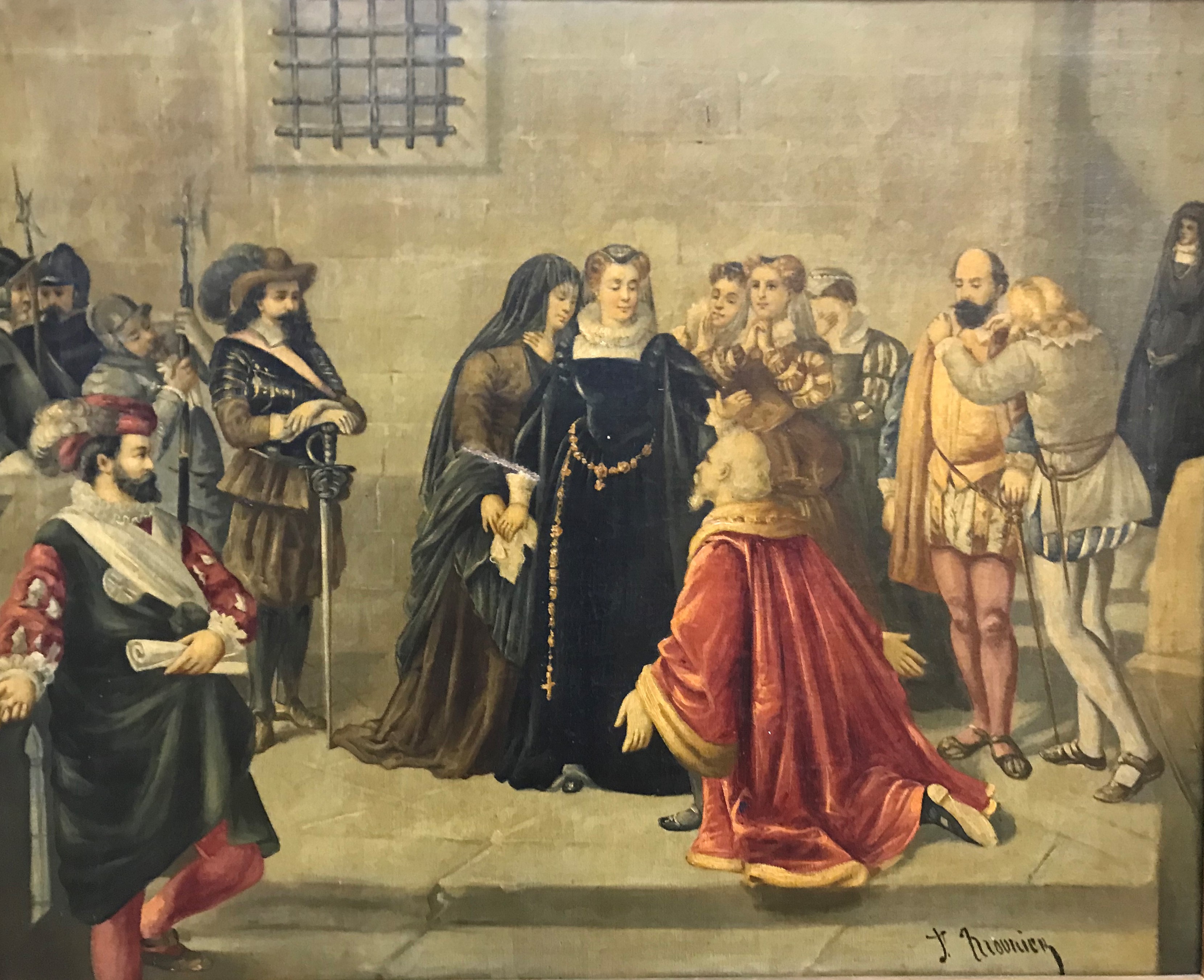 J MOUNIER "Mary Queen of Scots and attendants in a courtyard", oil on canvas, signed lower right, - Image 3 of 3