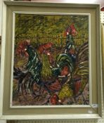 V MICHAELS "Chickens with fence", oil on board, signed and dated '63 lower left,