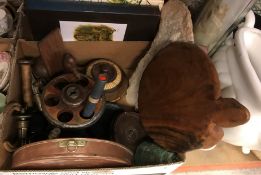 A box containing assorted treen wares and metal wares to include a turned lidded pot, two bobbins,