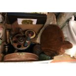 A box containing assorted treen wares and metal wares to include a turned lidded pot, two bobbins,