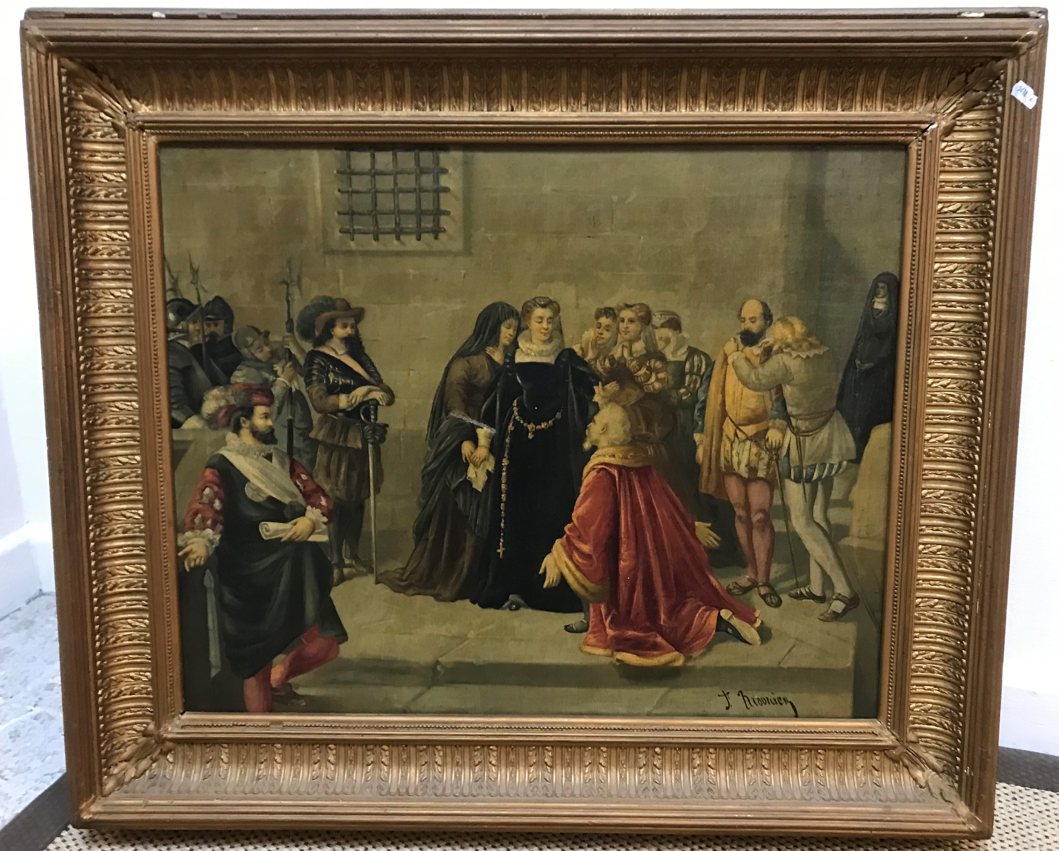 J MOUNIER "Mary Queen of Scots and attendants in a courtyard", oil on canvas, signed lower right,