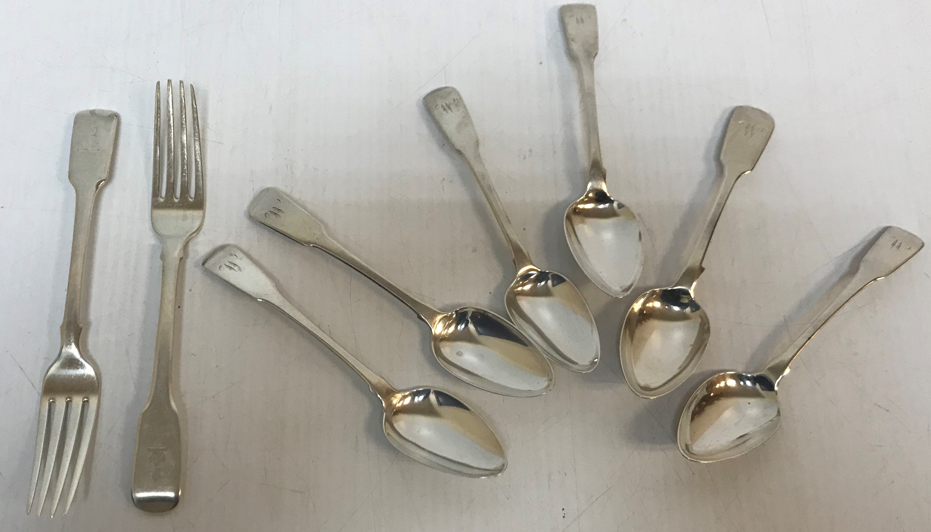 Six early 19th Century "Fiddle" pattern dessert spoons (three by Richard Crossley, London 1806,