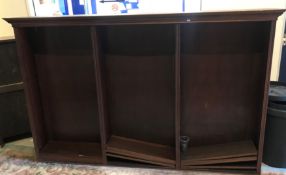 A circa 1900 mahogany open bookcase with three banks of adjustable shelving, 229 cm wide x 34.