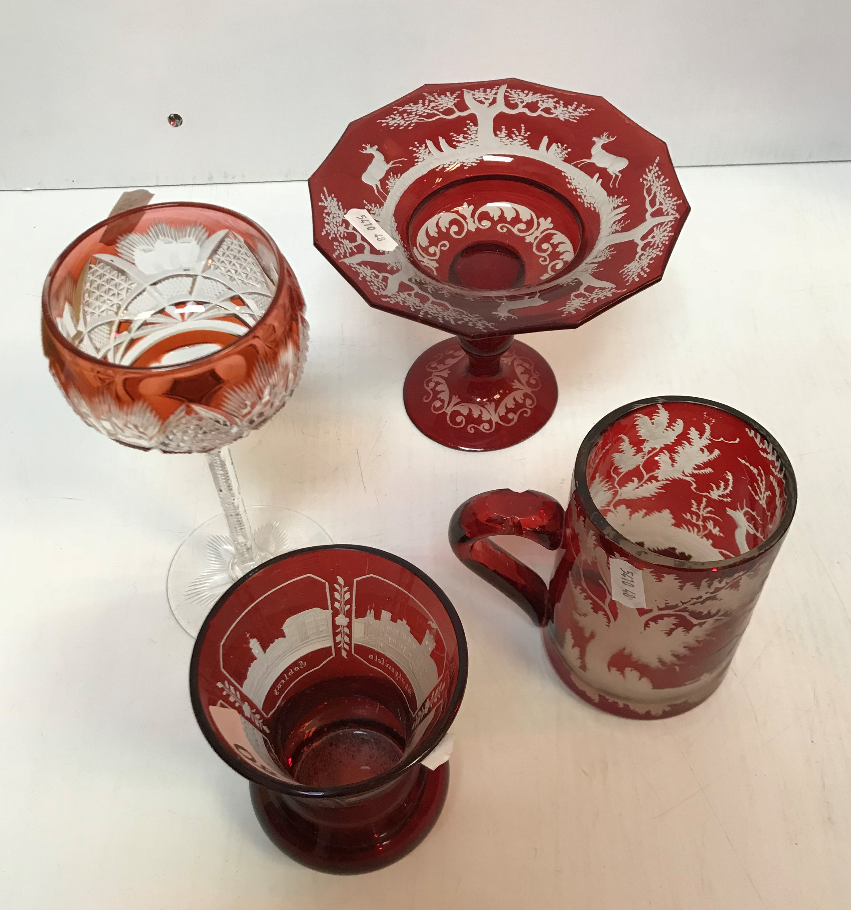 A collection of ruby glass overlaid vases, table lustre, bottle, mug, squat vase and tazza (10), - Image 2 of 5