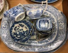 A collection of 19th Century blue and white transfer decorated pottery including octagonal willow