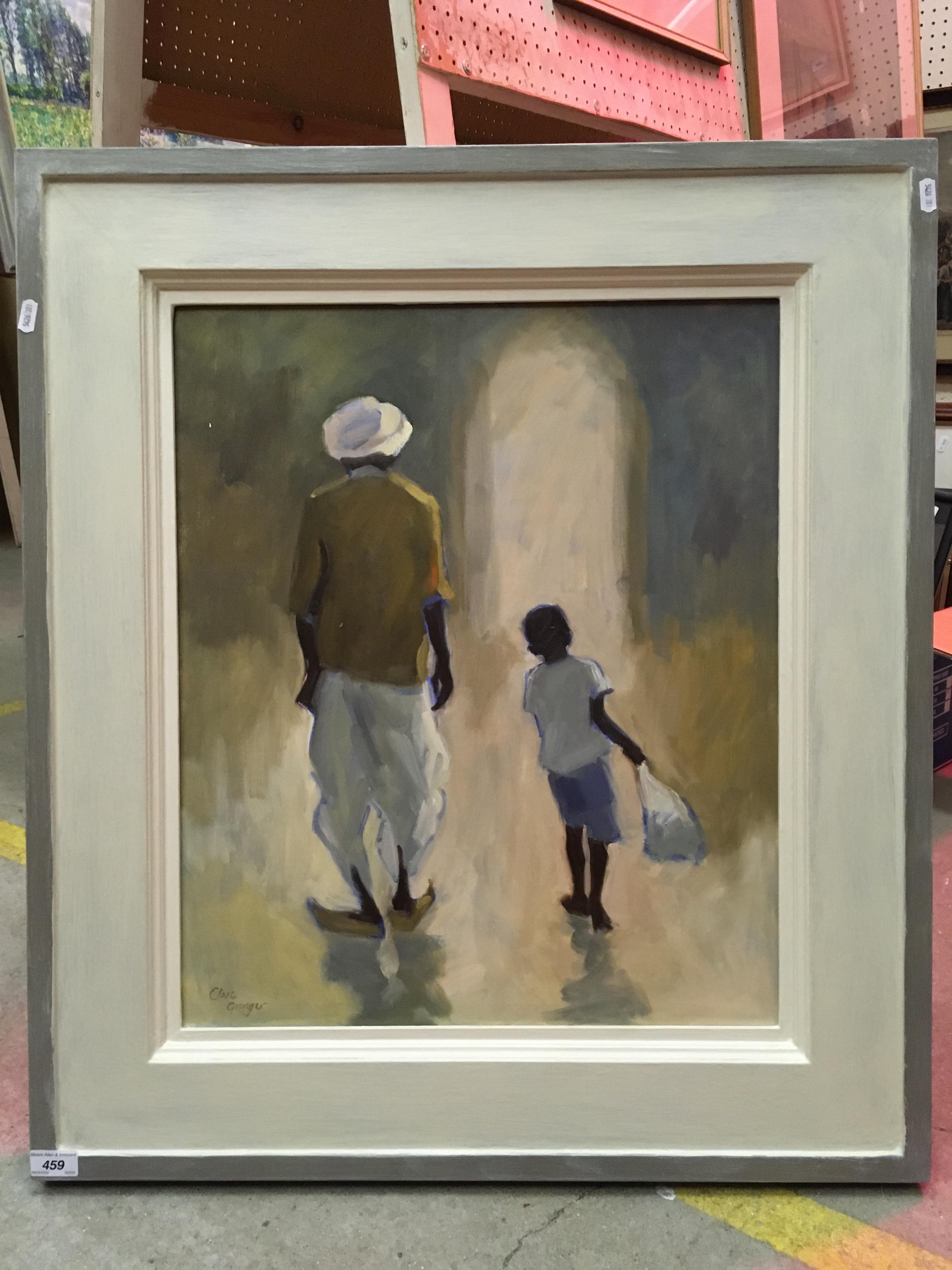 CLARE GRANGER "Buying provisions (India)" study of man and boy with bag, oil on canvas,