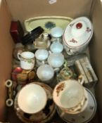 A box containing various china wares to include a 19th Century boat shaped sucriere,