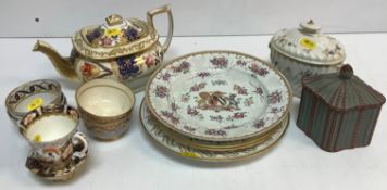 A collection of various 19th Century English teawares including a matt glazed red and pale blue