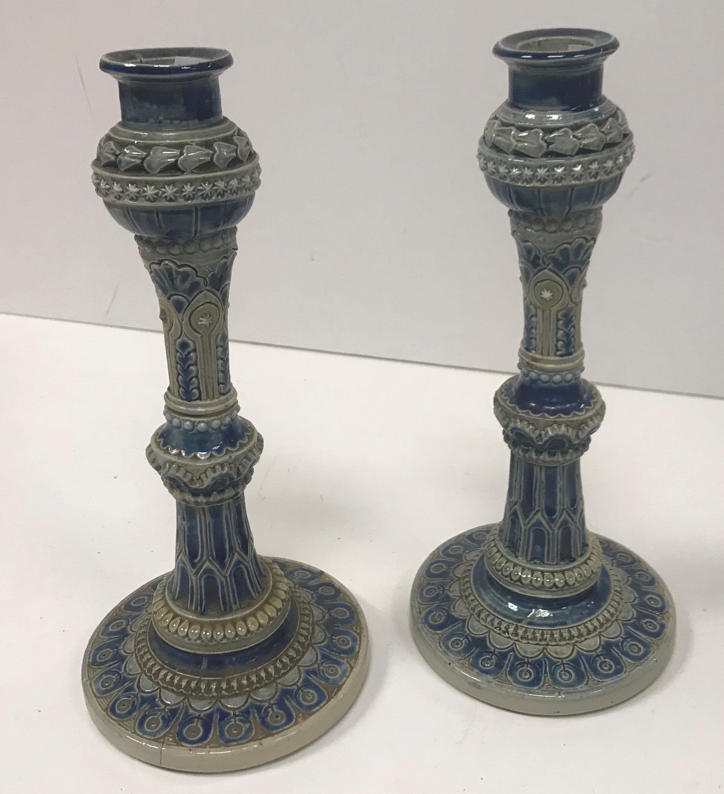 A pair of Martin Brothers incised blue g