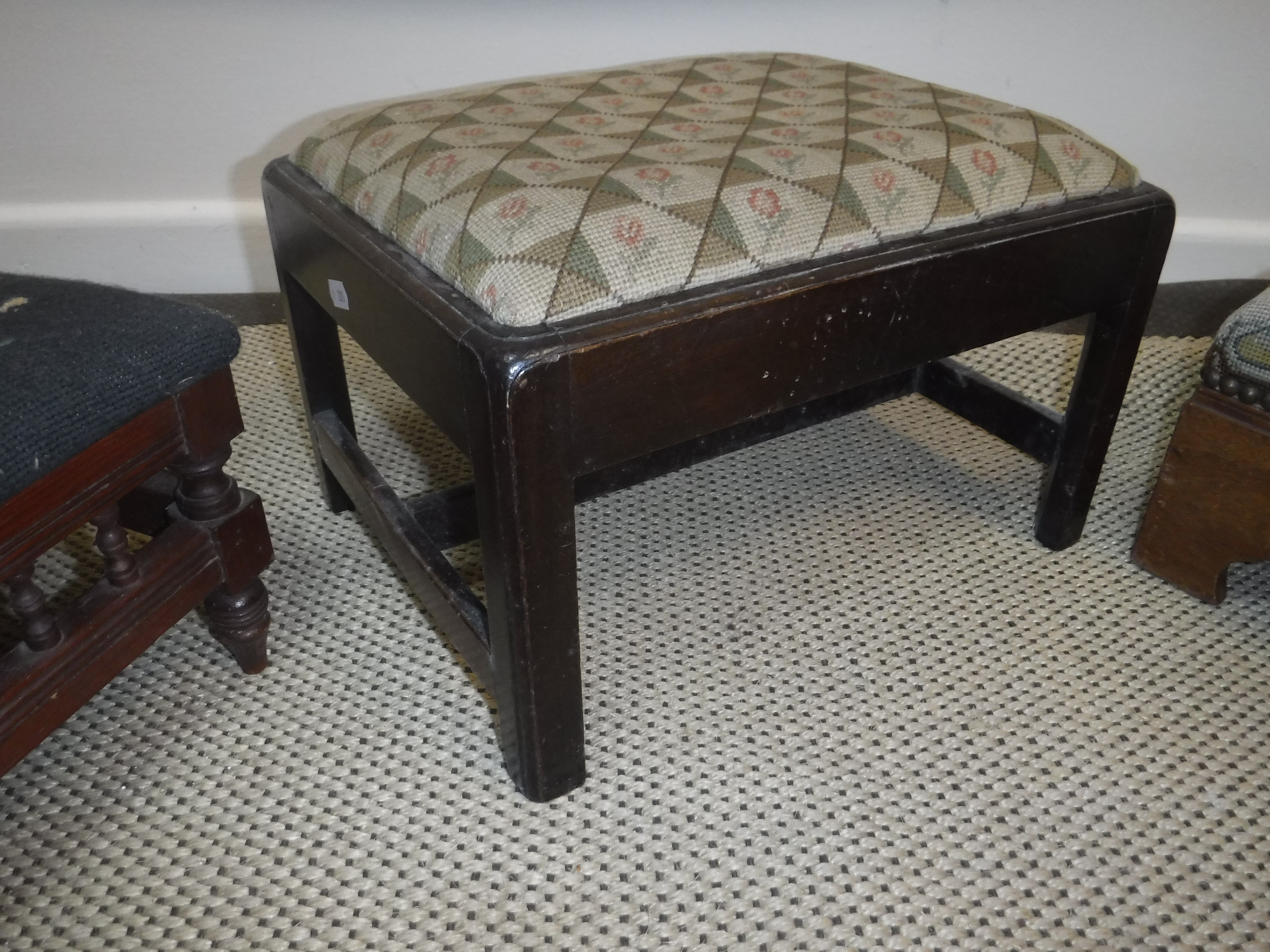 A George III style mahogany framed footstool on square moulded and chamfered supports with - Image 2 of 2