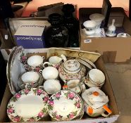 Three boxes of sundry decorative china wares to include Clarice Cliff Wilkinson Pottery rectangular