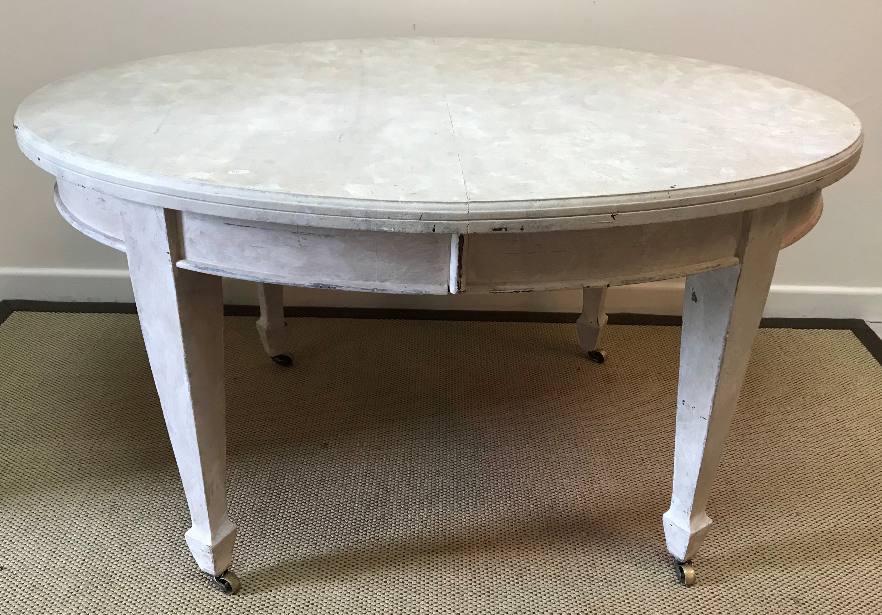 A circa 1900 painted oval dining table on square tapered legs to casters 135.5 cm x 105. - Image 2 of 3