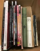 A box of assorted books relating to textiles to include CLAIRE WILCOX 