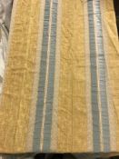 One pair of chenille type mustard ground lined curtains with braid and ribbon teal coloured