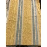 One pair of chenille type mustard ground lined curtains with braid and ribbon teal coloured