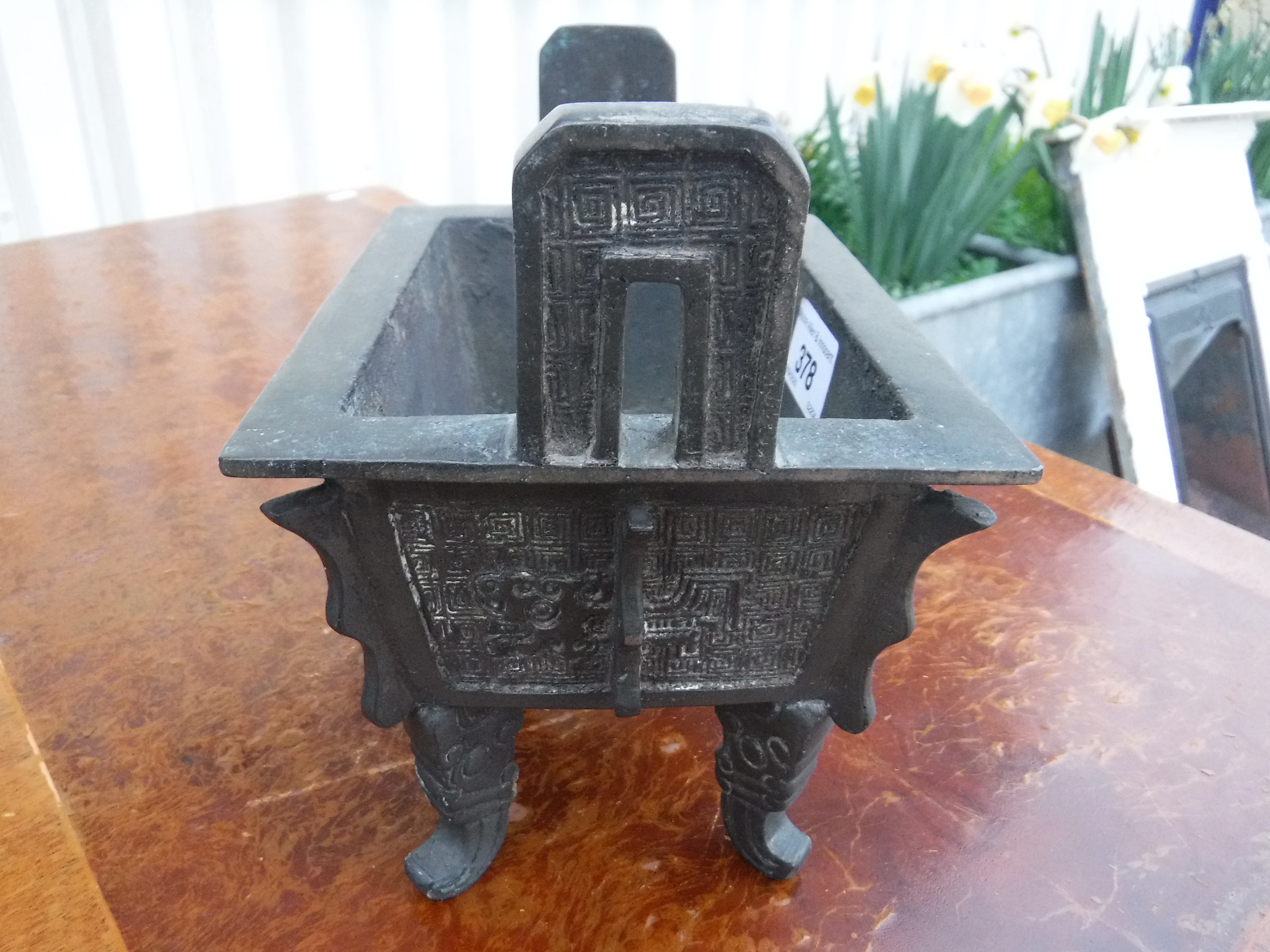 A Chinese bronze censer of rectangular form with relief work foliate decoration, - Image 5 of 19