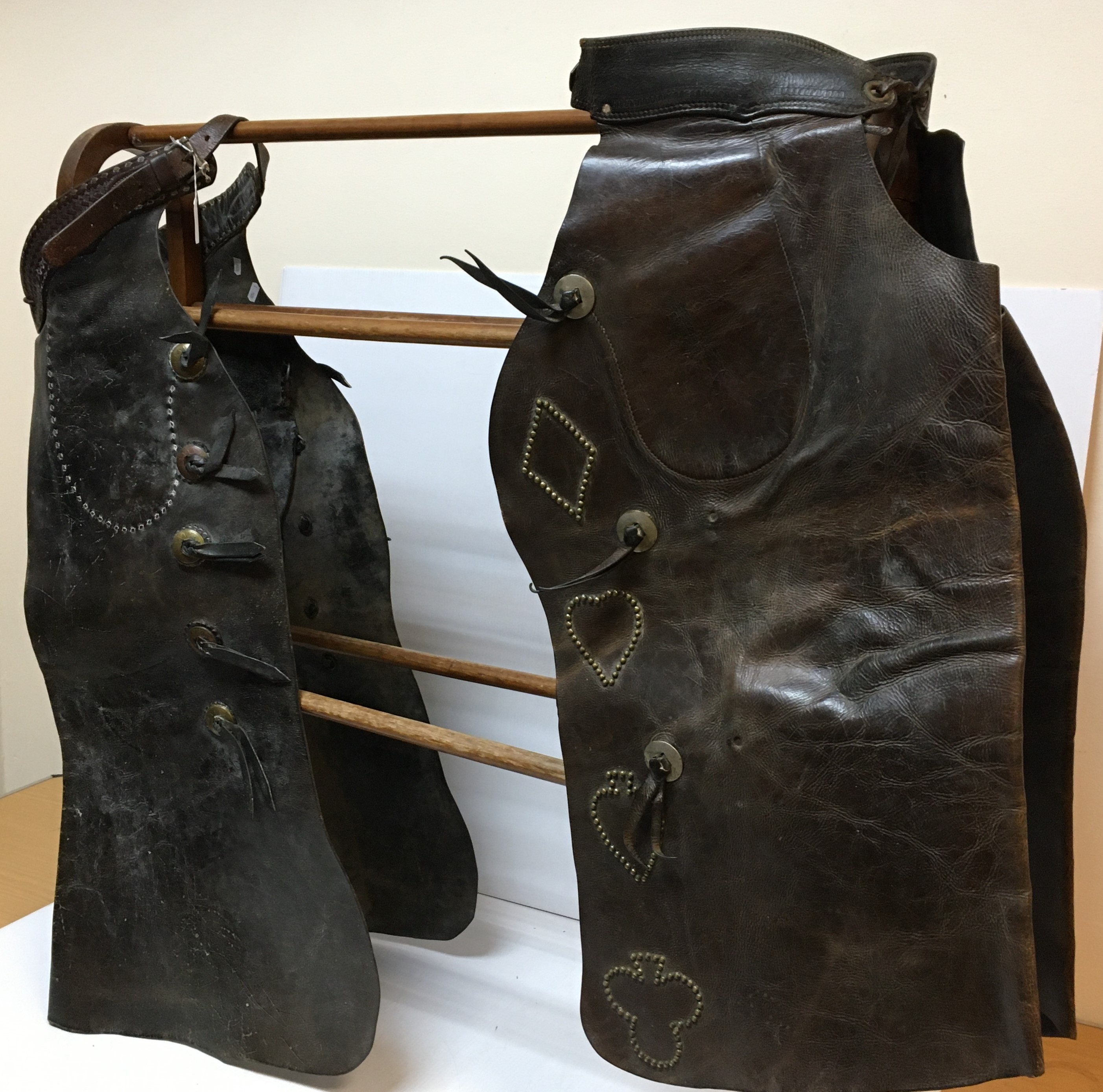 Two pairs of vintage leather chaps, both with studded decoration, - Image 2 of 4