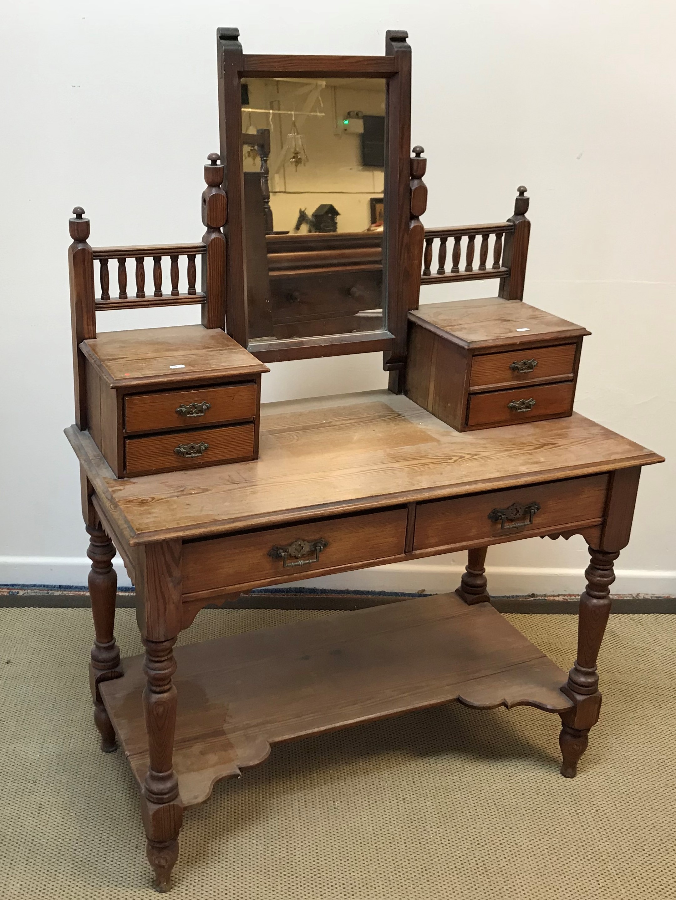 A Victorian pitch pine dressing table with mirrored superstructure over two frieze drawers on - Image 2 of 2