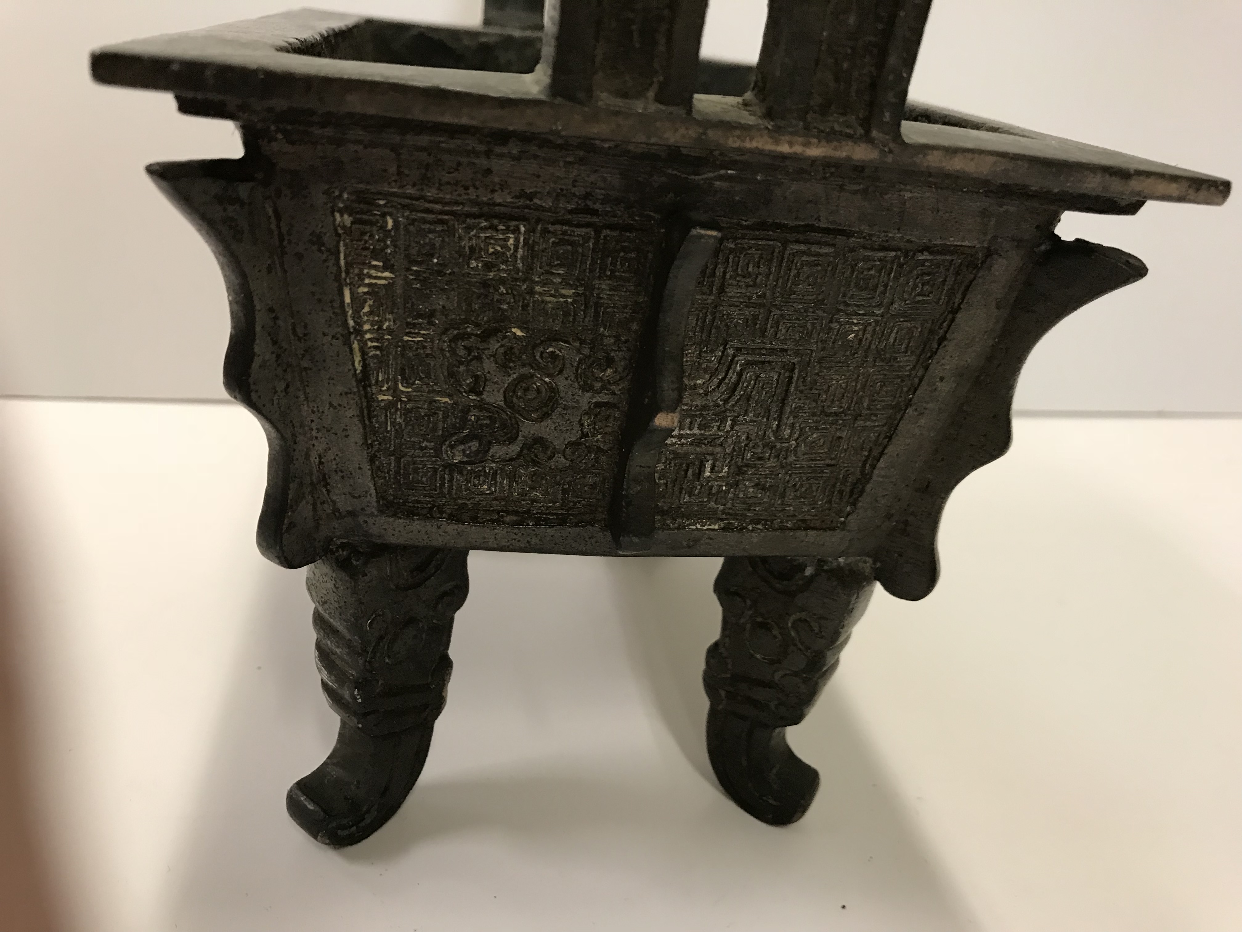 A Chinese bronze censer of rectangular form with relief work foliate decoration, - Image 16 of 19