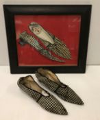 A pair of circa 1800 Bruckner ladies black and white checked shoes,