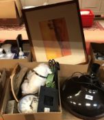 A box of sundry ornaments, clocks, etc and a box of assorted decorative pictures,