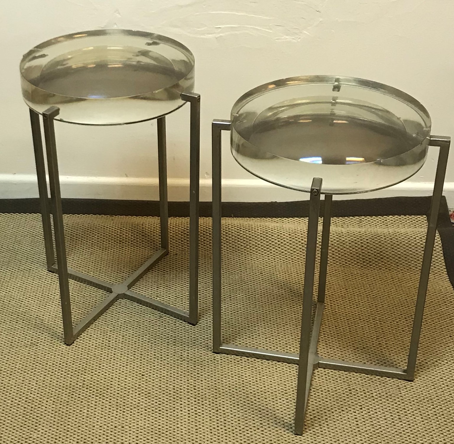 A pair of perspex and chrome occasional tables,