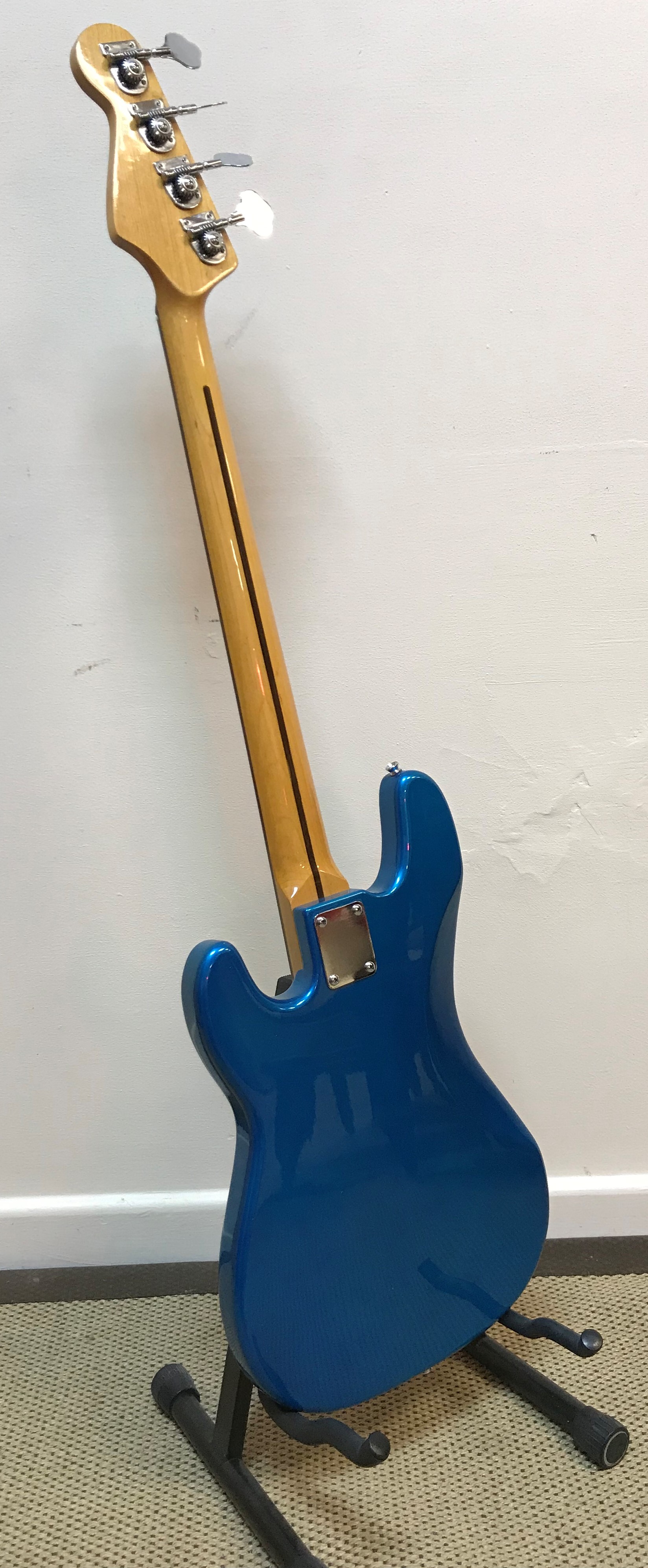 A Jim Deacon electric blue bodied bass guitar together with ABC Music soft case - Image 2 of 2