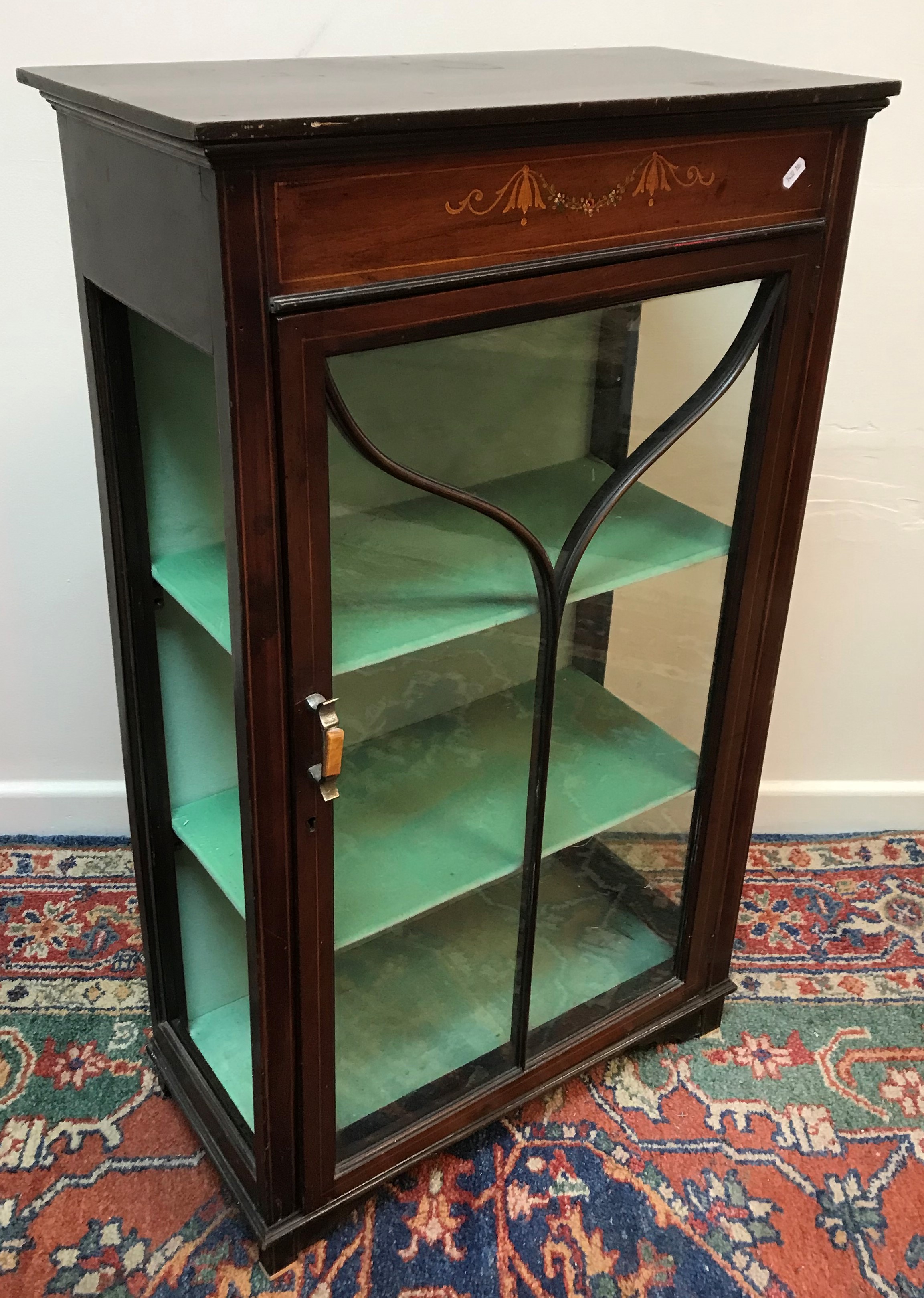 An Edwardian mahogany display cabinet with simulated marquetry inlaid decorated frieze over a - Image 3 of 3