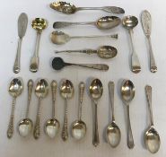 A collection of teaspoons, mustard spoons, pair of butter knives, etc, various dates and makers,